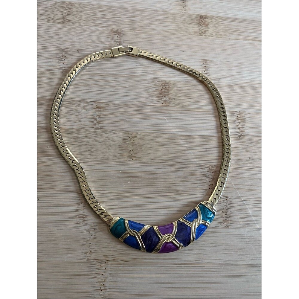 Vintage 80s Enamel Herringbone Choker Necklace Gold Blue Purple